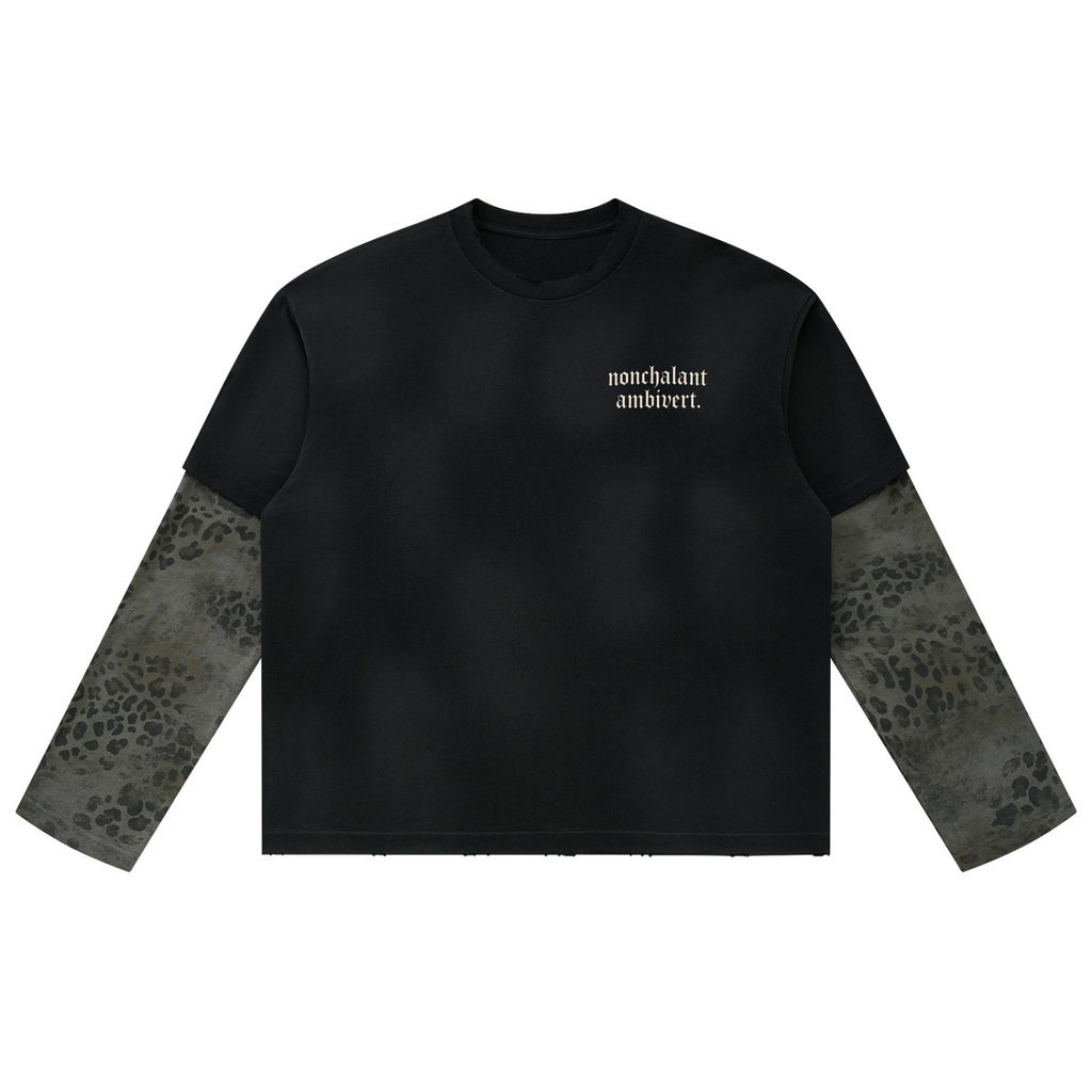 Unisex Vintage Wash Leopard Paneled Layer T-Shirt
